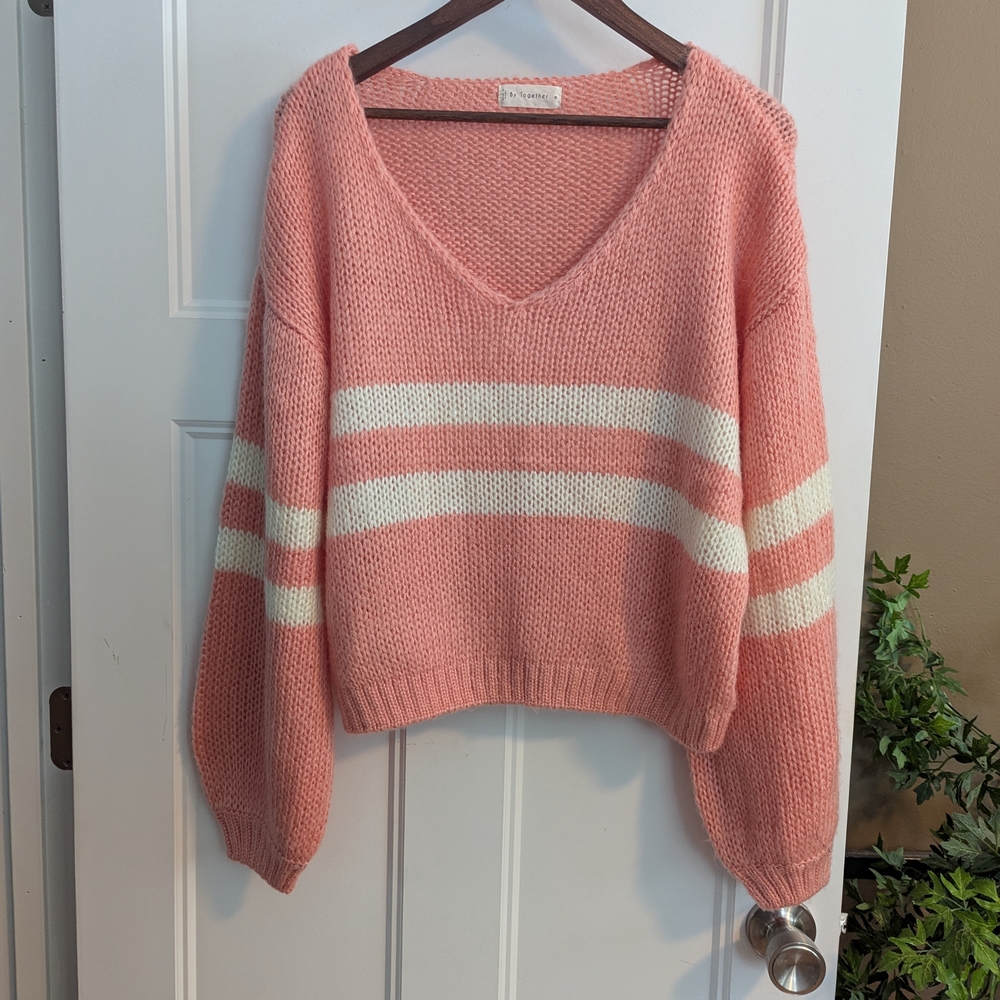By Together Coral Pink V-Neck Sweater with White Stripes. Size Medium.